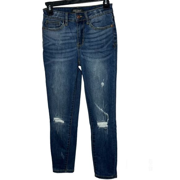Judy Blue Relax Fit Whiskered Light Distressed Dark Blue Wash Women Jeans Sz 27 - Picture 1 of 11